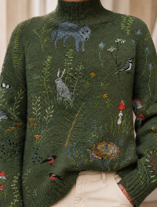 Men’s Patterned Rib-Neck Knit Jumper in Forest Green Woodland
