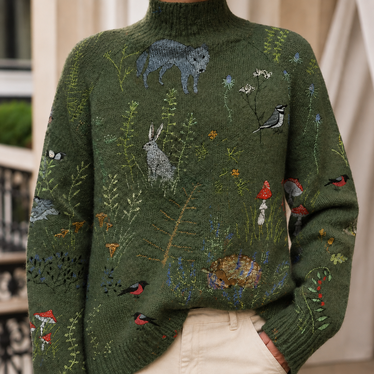 Men’s Patterned Rib-Neck Knit Jumper in Forest Green Woodland
