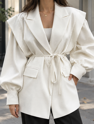 Women’s Belted Sculpted-Shoulder Woven Jacket in White