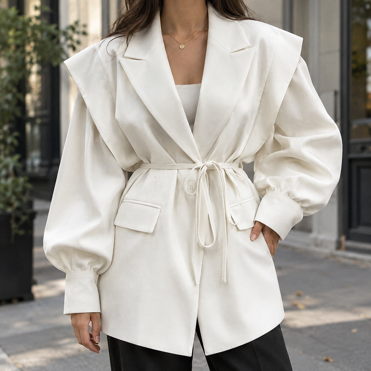 Women’s Belted Sculpted-Shoulder Woven Jacket in White