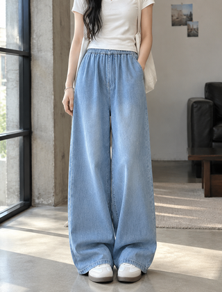Women’s Elastic-Waist Full-Length Wide-Leg Denim Jeans in Retro Blue