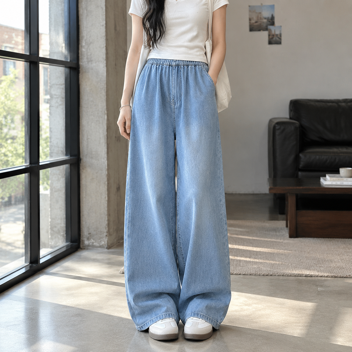 Women’s Elastic-Waist Full-Length Wide-Leg Denim Jeans in Retro Blue