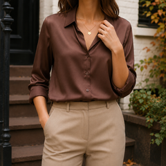 Women’s Long-Sleeve Satin Button-Front Blouse in Chocolate