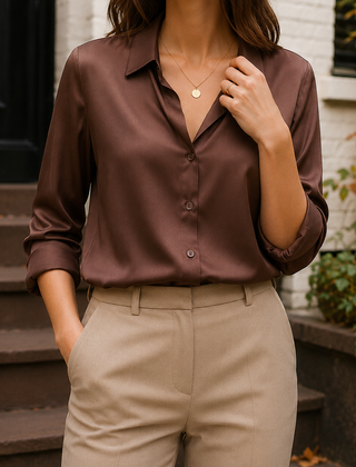 Women’s Long-Sleeve Satin Button-Front Blouse in Chocolate