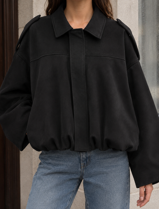 Women’s Collared Suede Bubble-Hem Bomber Jacket in Black