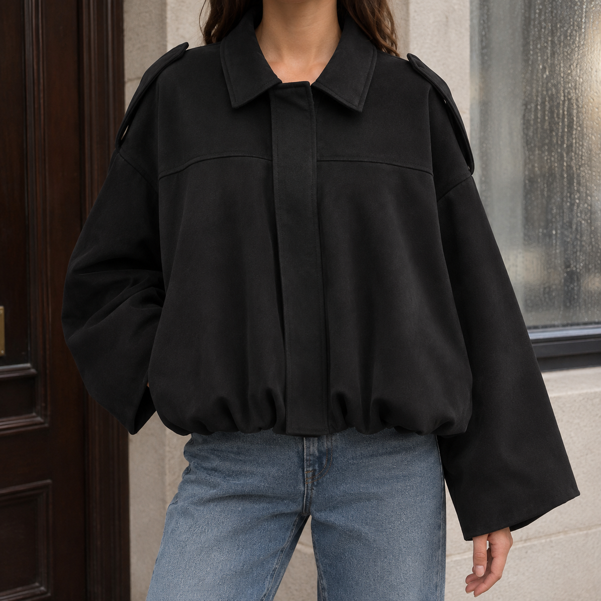 Women’s Collared Suede Bubble-Hem Bomber Jacket in Black