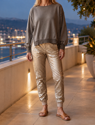 Women’s Seam-Detail Top and Metallic-Look Cuffed Trouser Set in Grey and Champagne