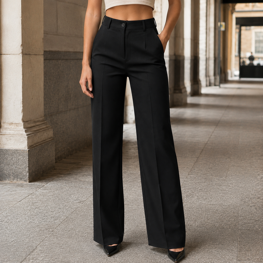 Women’s High-Waisted Full-Length Tailored Wide-Leg Trousers in Black