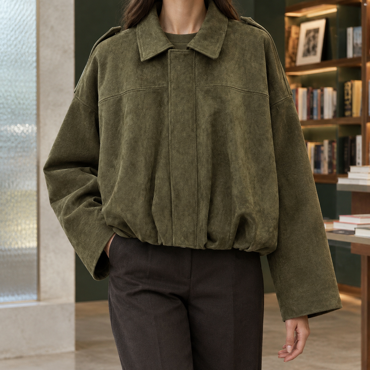 Jocasta-Skye Suede Bomber Women's Jacket - Army Green