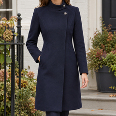 Women’s Wool-Blend Asymmetric Stand-Collar Coat in Navy Blue with Scarf