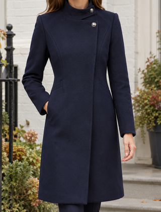 Women’s Wool-Blend Asymmetric Stand-Collar Coat in Navy Blue with Scarf
