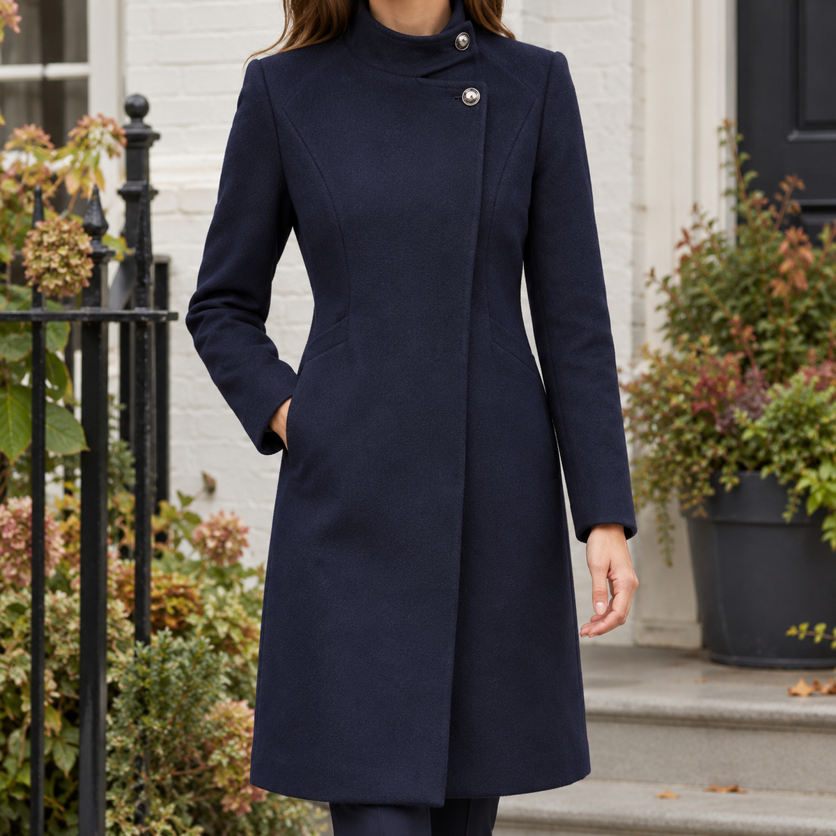 Women’s Wool-Blend Asymmetric Stand-Collar Coat in Navy Blue with Scarf