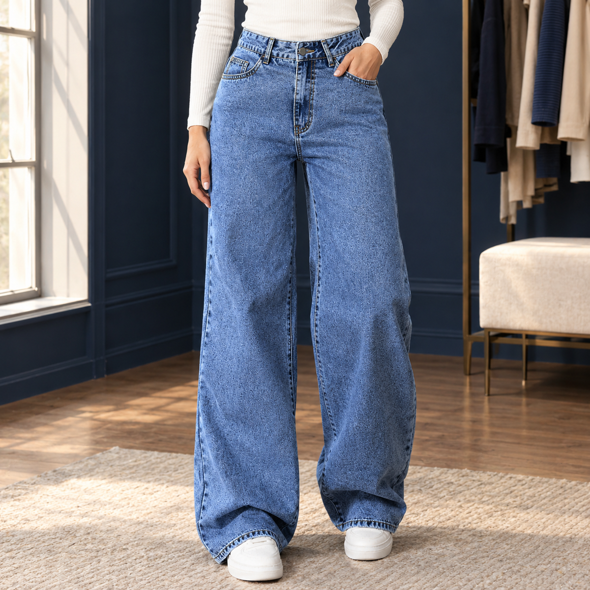 Women’s High-Rise Curved-Pocket Wide-Leg Jeans in Medium Blue