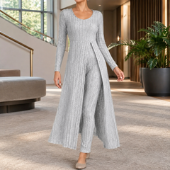 Women’s Ribbed Longline Split Top and Straight-Leg Trouser Set in Grey