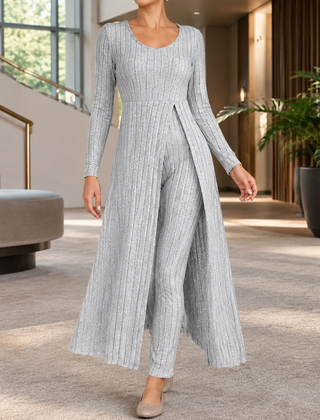 Women’s Ribbed Longline Split Top and Straight-Leg Trouser Set in Grey
