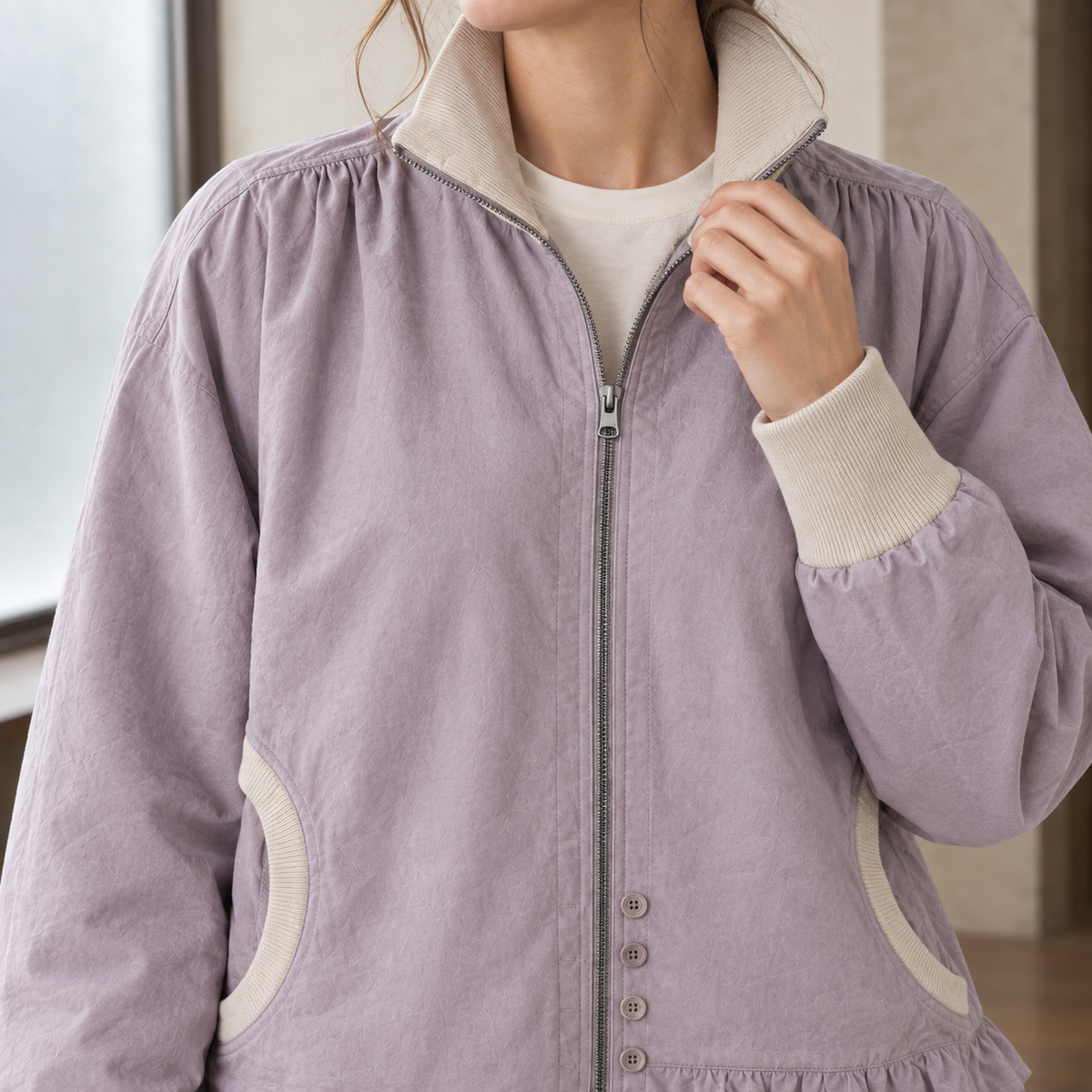 Women’s Stand-Collar Double-Ruffle Zip Jacket