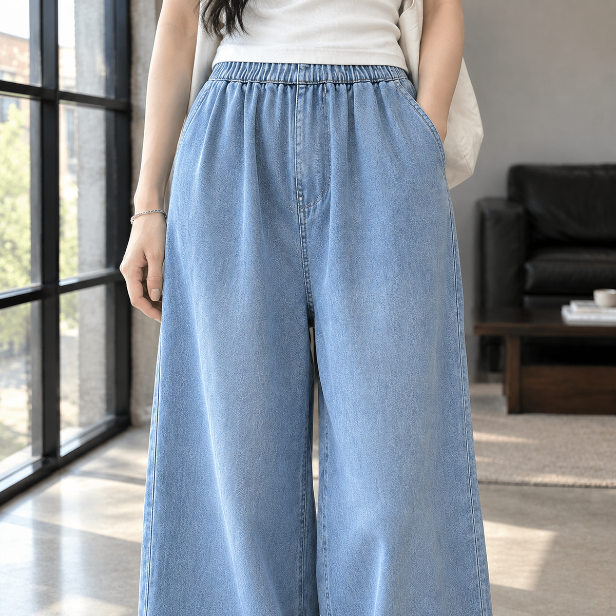 Women’s Elastic-Waist Full-Length Wide-Leg Denim Jeans