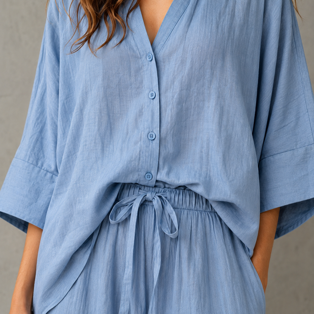 Women’s Batwing Button-Front Top and Cuffed Trouser Set