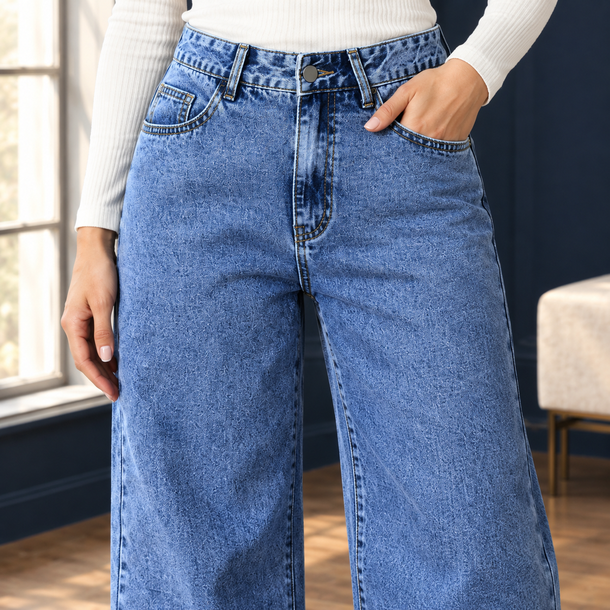 Women’s High-Rise Curved-Pocket Wide-Leg Jeans
