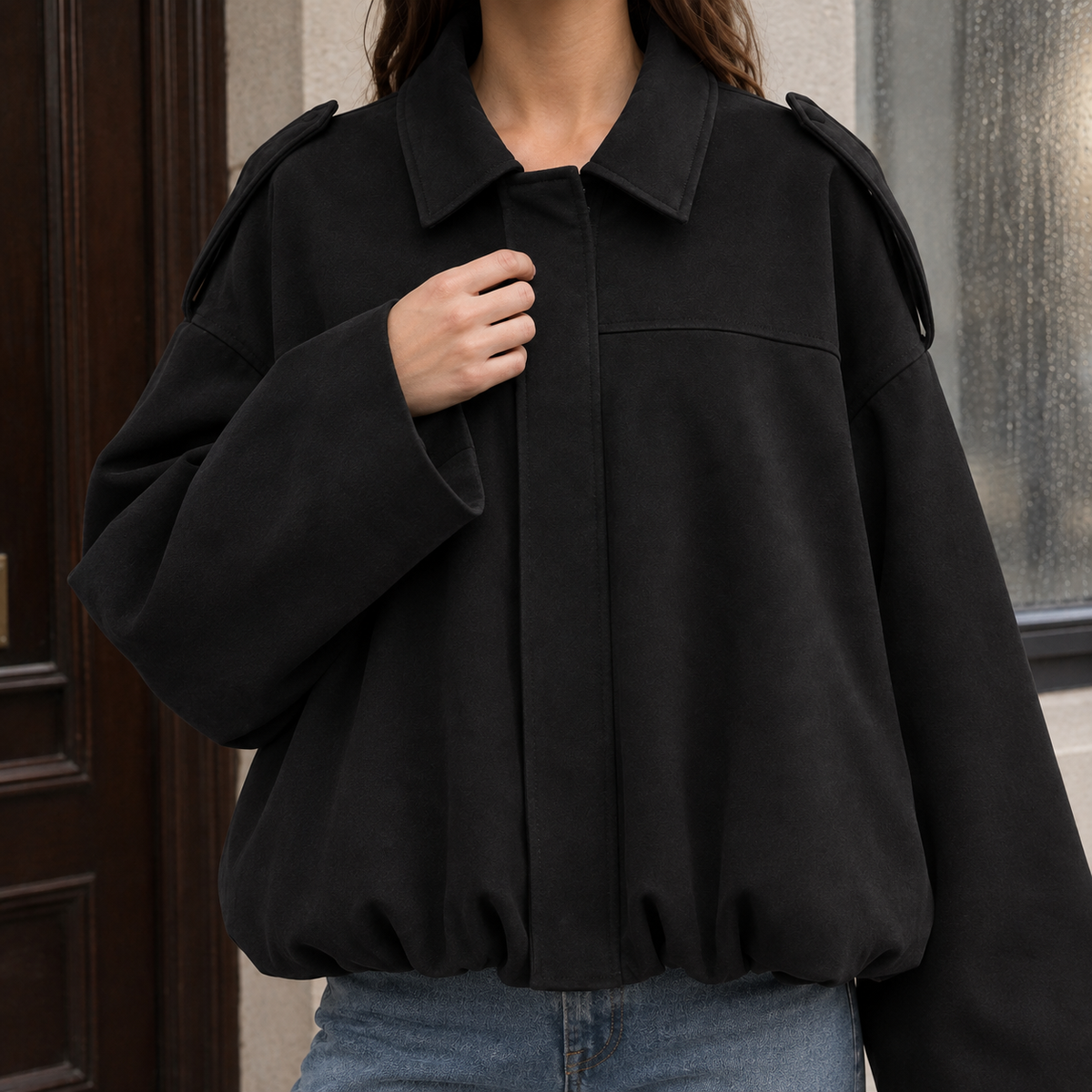 Women’s Collared Suede Bubble-Hem Bomber Jacket