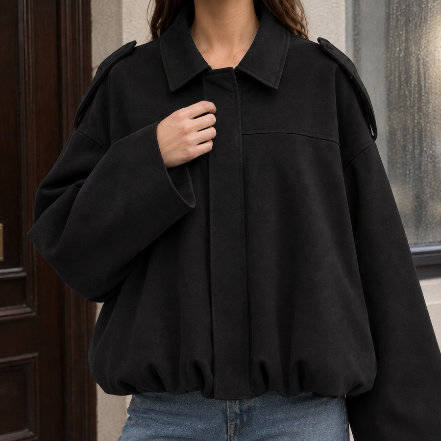 Women’s Collared Suede Bubble-Hem Bomber Jacket
