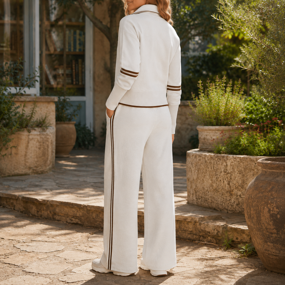 Women’s Half-Zip Stripe-Detail Top and Wide-Leg Trouser Set