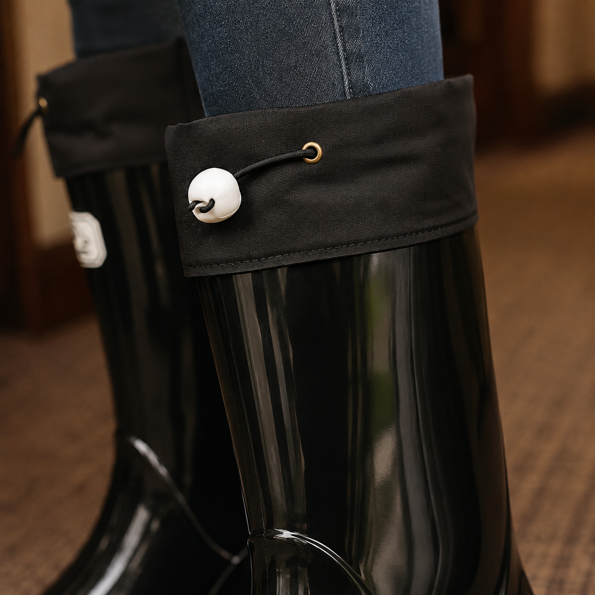 Women’s Drawstring-Cuff Knee-High Rubber Boots