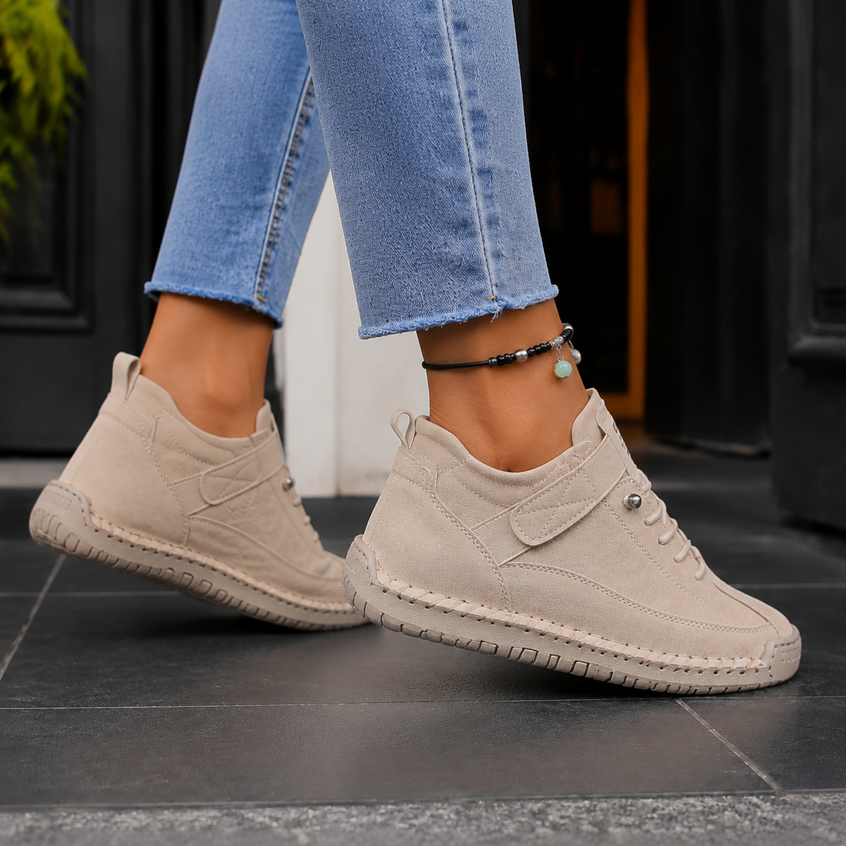 Women’s Strap-Fastening Elastic-Lace Casual Trainers