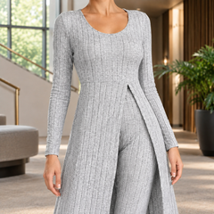 Women’s Ribbed Longline Split Top and Straight-Leg Trouser Set