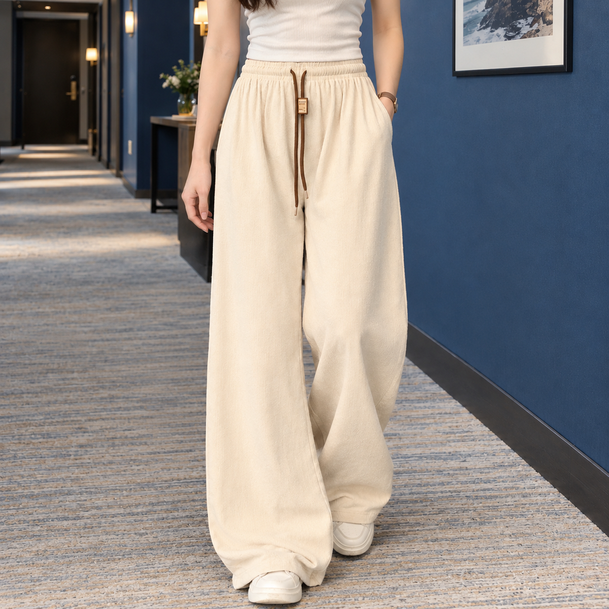 Women’s Fine-Rib Drawstring Full-Length Wide-Leg Trousers