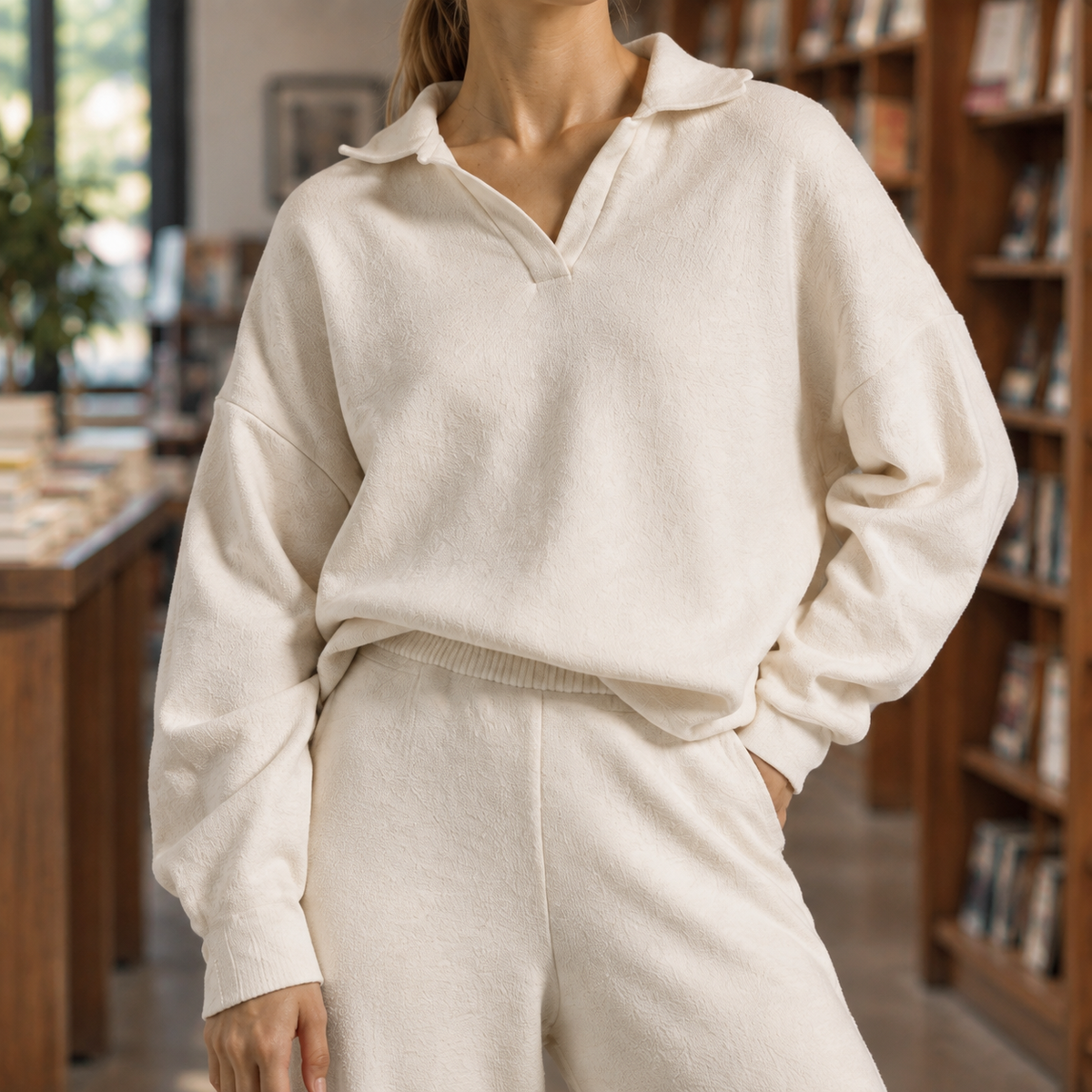 Women’s Long-Sleeve Polo-Collar Top and Wide-Leg Trouser Set