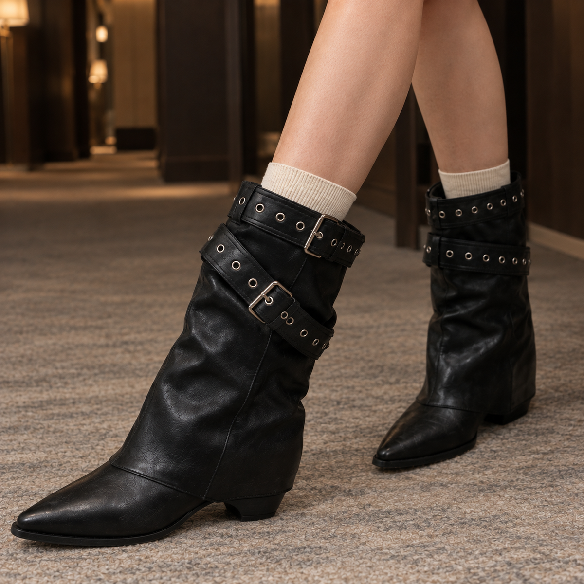 Women’s Eyelet-Harness Mid-Calf Western Boots