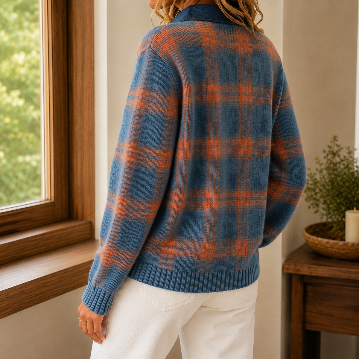 Women’s Windowpane Check Collared Cardigan