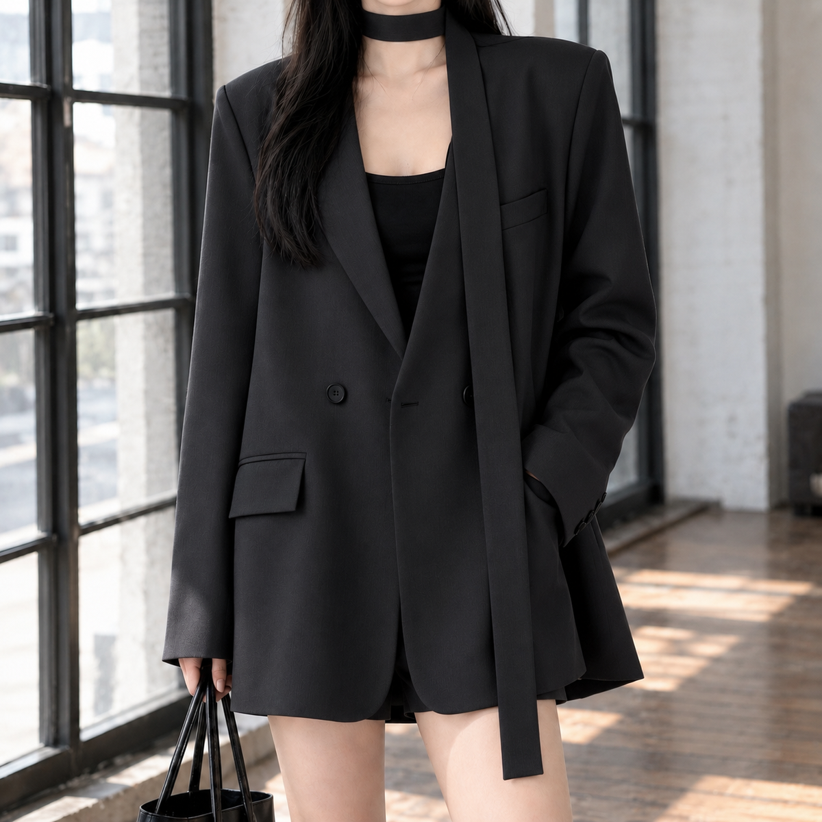 Women’s Longline Scarf-Collar Relaxed Blazer in Black