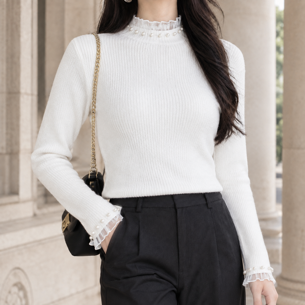 Idalia-Rae Pearl Trim Women's Sweater - White