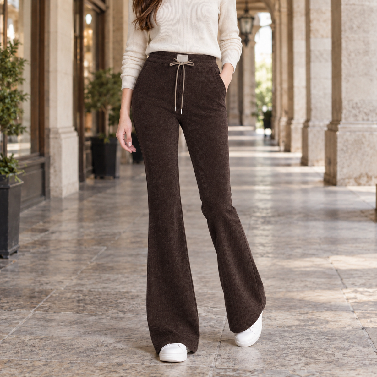 Women’s Textured Drawstring Full-Length Flared Trousers in Brown