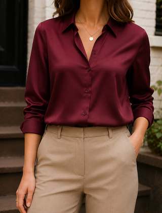 Women’s Long-Sleeve Satin Button-Front Blouse in Wine