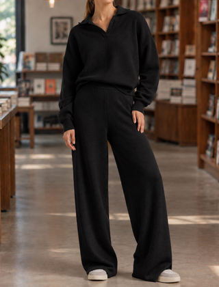 Women’s Long-Sleeve Polo-Collar Top and Wide-Leg Trouser Set in Black