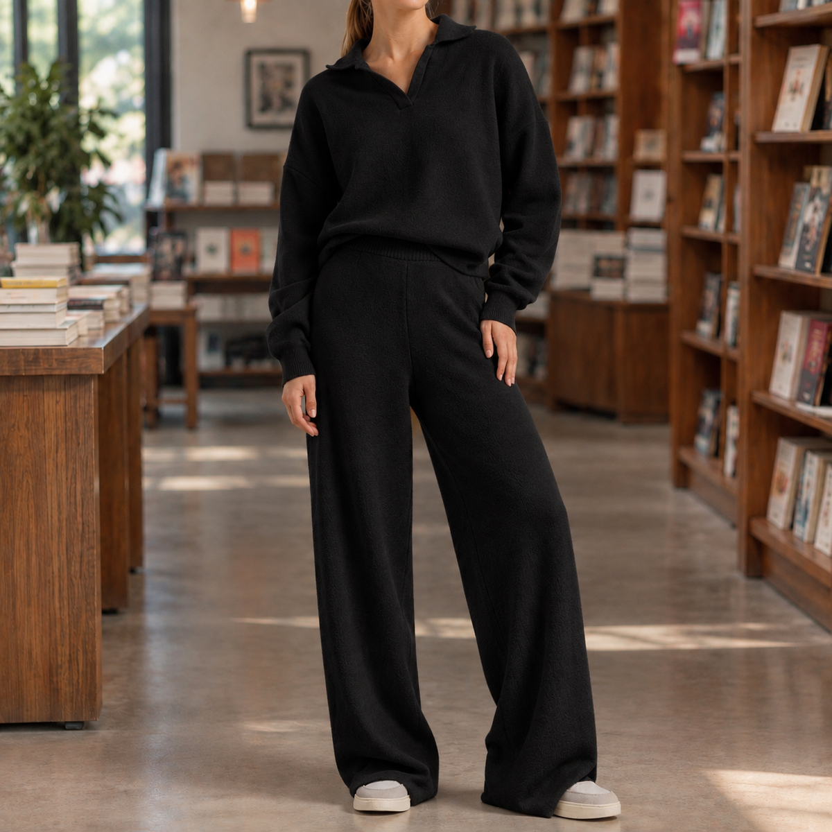 Women’s Long-Sleeve Polo-Collar Top and Wide-Leg Trouser Set in Black