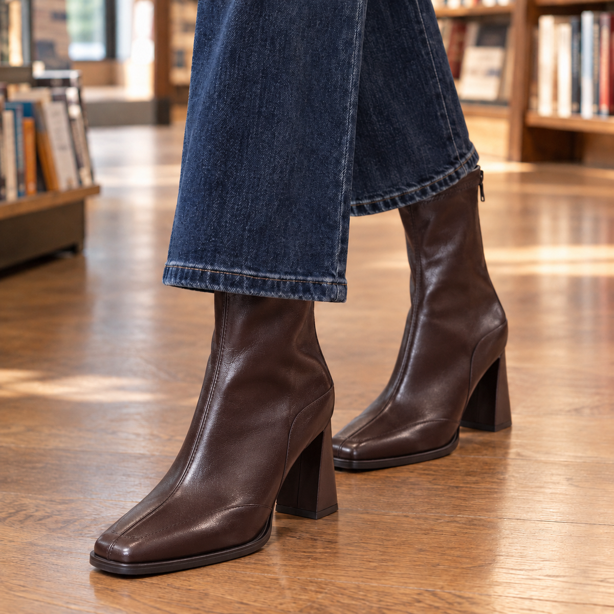 Women’s Square-Toe Flared-Heel Zip Ankle Boots in Brown (Single Lining)