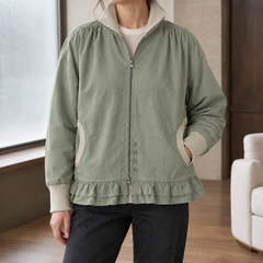 Women’s Stand-Collar Double-Ruffle Zip Jacket in Light Green
