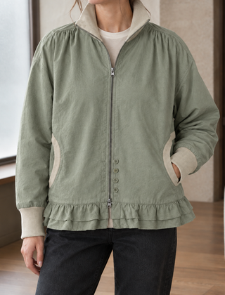 Women’s Stand-Collar Double-Ruffle Zip Jacket in Light Green