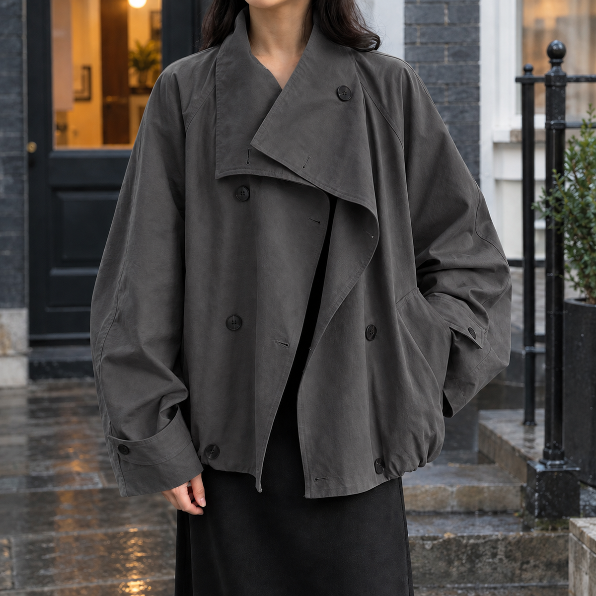 Women’s Cotton-Blend Double-Breasted Cocoon Jacket in Grey