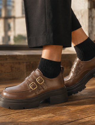 Women’s Leather Double-Monk Platform Shoes in Light Brown