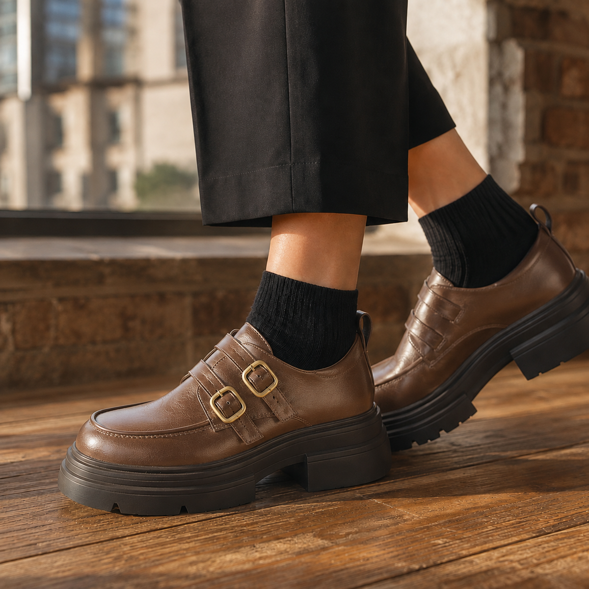Women’s Leather Double-Monk Platform Shoes in Light Brown
