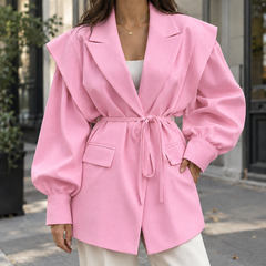 Women’s Belted Sculpted-Shoulder Woven Jacket in Pink
