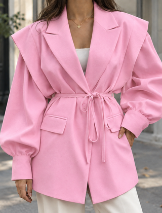 Women’s Belted Sculpted-Shoulder Woven Jacket in Pink