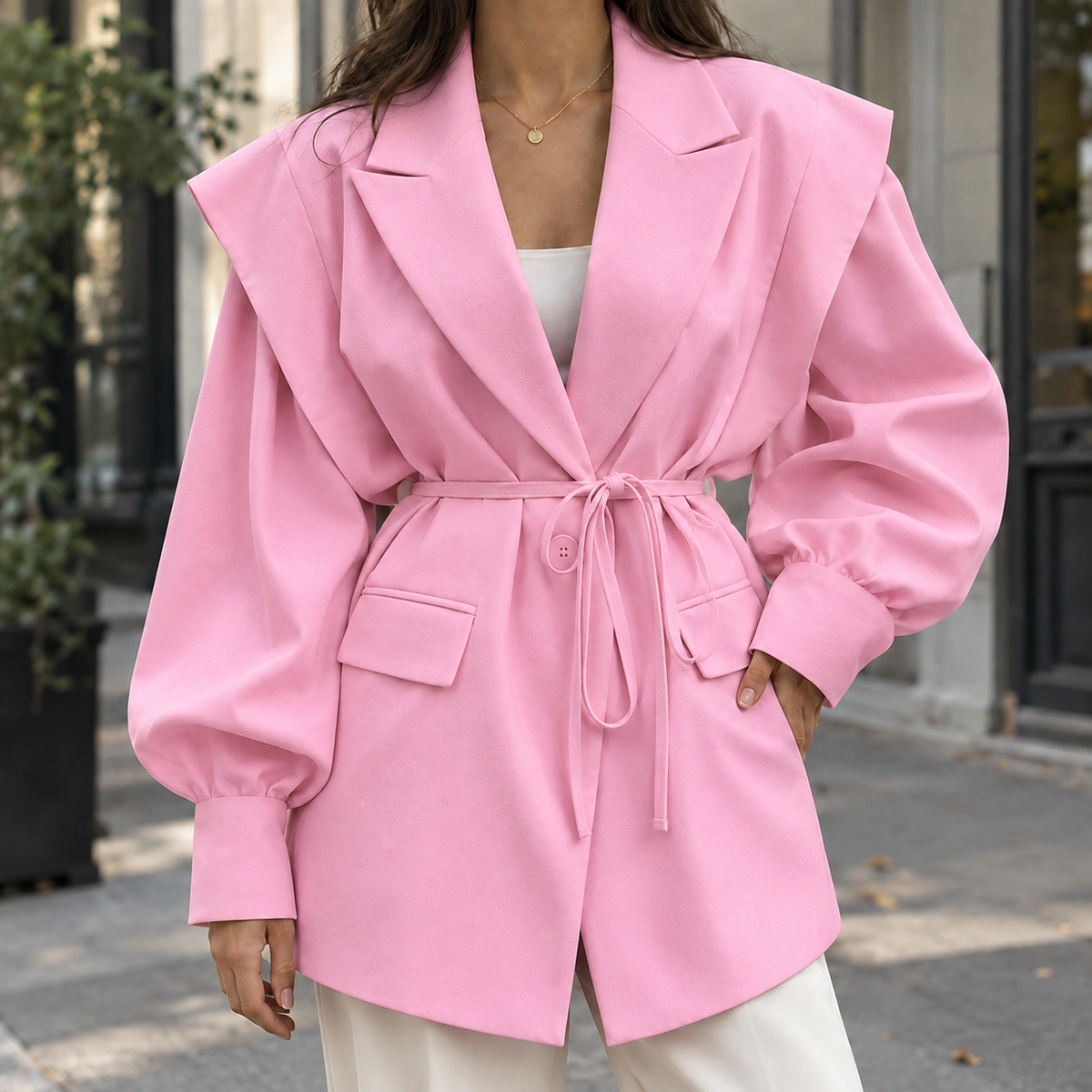 Women’s Belted Sculpted-Shoulder Woven Jacket in Pink