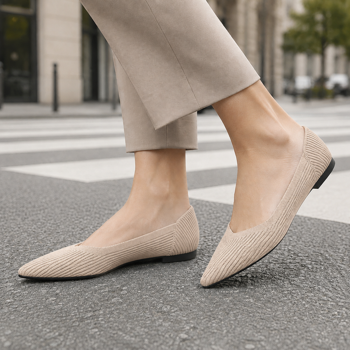 Women’s Ribbed Pointed-Toe Low-Heel Courts in Apricot
