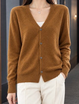 Zelie-Faye V-Neck Women's Cardigan - Caramel Brown